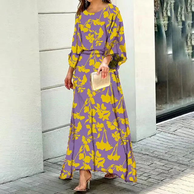 Crew Neck Lantern Sleeve Flowy Maxi Dress