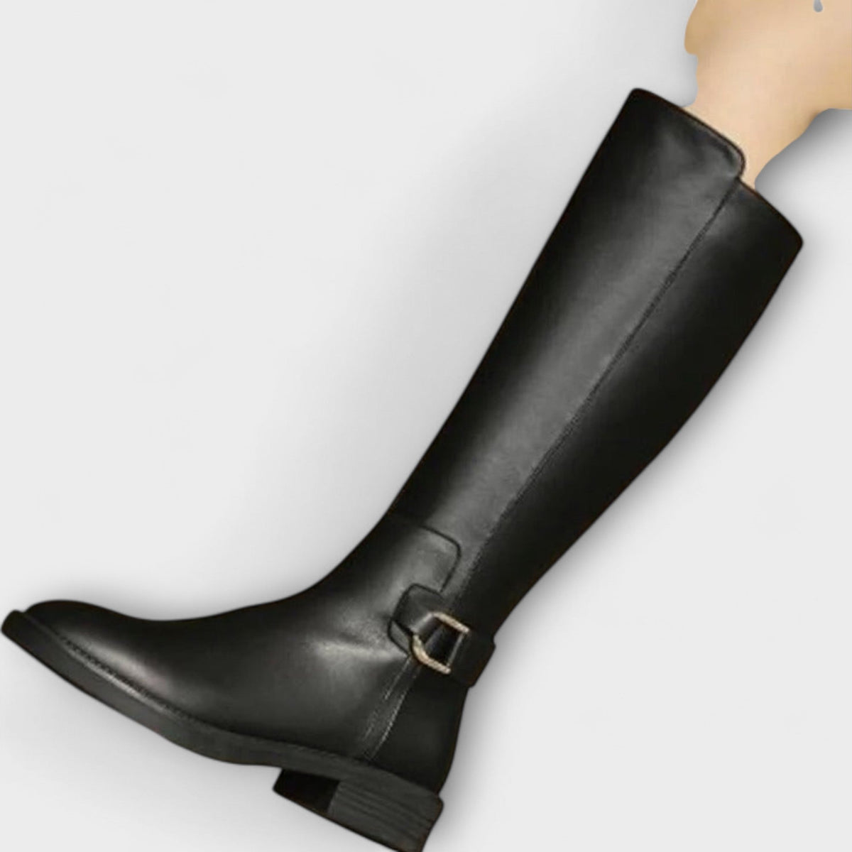 Round Toe Buckle Strap Low Block Heel Knee High Boots