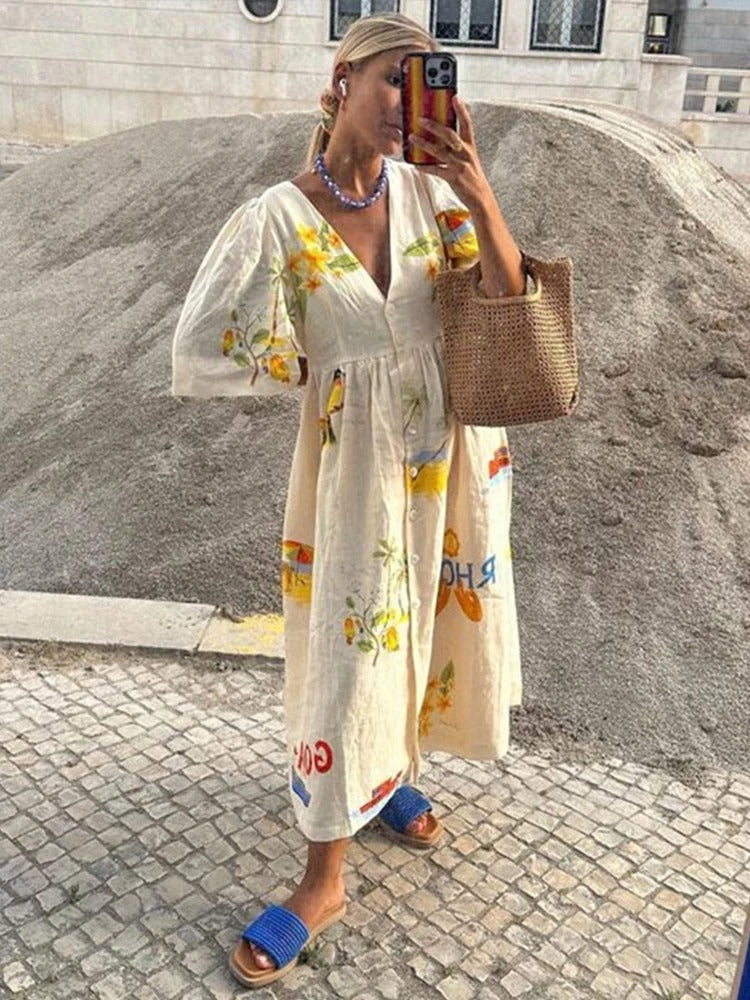 Graphic Print Puff Sleeve Button Front Gathered Waist Midi Dress