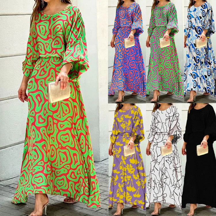 Crew Neck Lantern Sleeve Flowy Maxi Dress