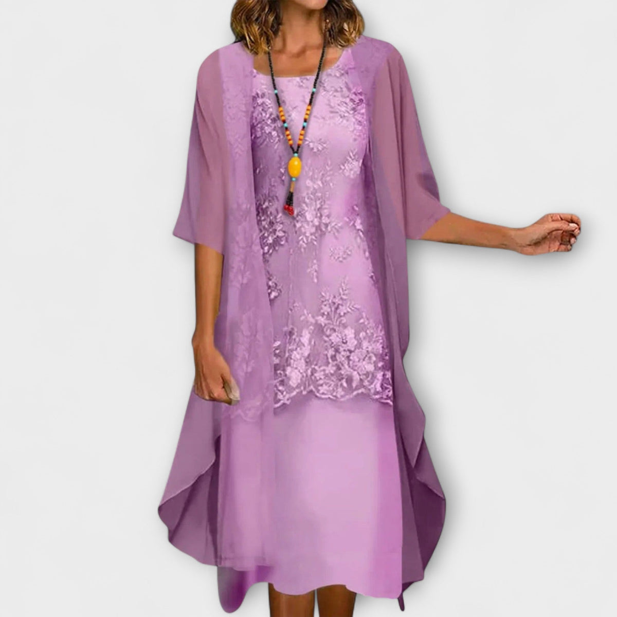 Floral Lace Overlay Dress and Chiffon Duster Two Piece Set