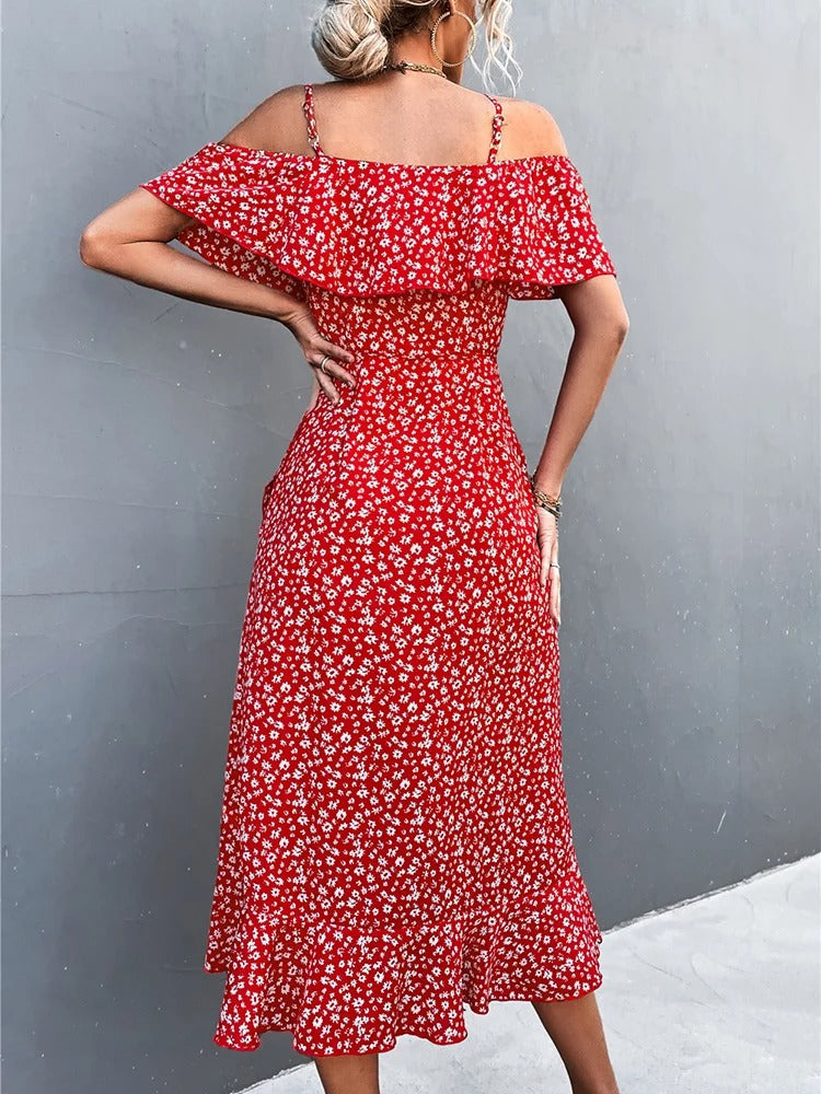 Floral Print Cold Shoulder Ruffle Wrap Midi Dress