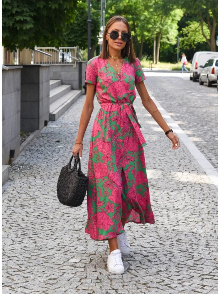 Vada - Sunset Stroll V-Neck Slit Print Dress Floral Pink