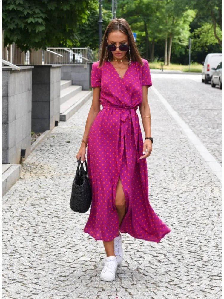 Vada - Sunset Stroll V-Neck Slit Print Dress Pink