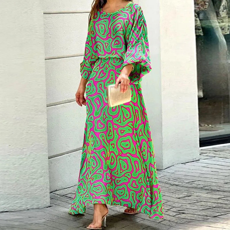 Crew Neck Lantern Sleeve Flowy Maxi Dress