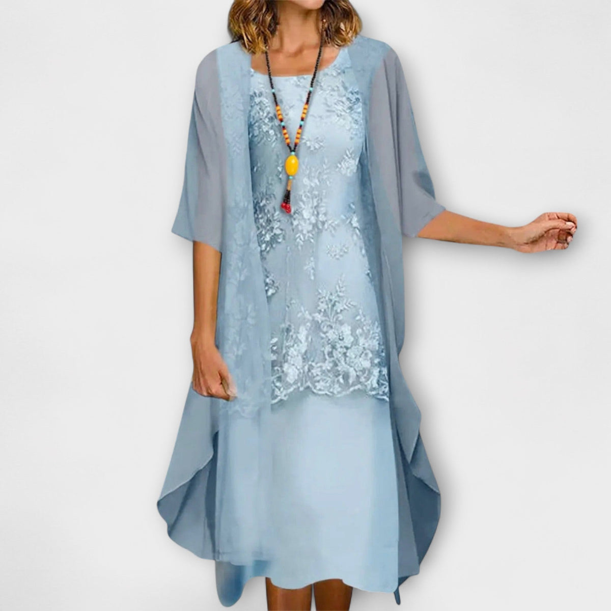 Floral Lace Overlay Dress and Chiffon Duster Two Piece Set