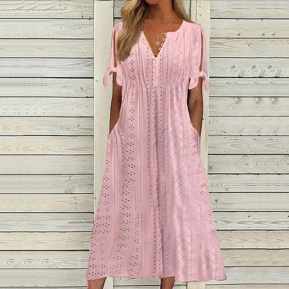Eyelet Hollow Out V-Neck Button Front Tie Cuff Pocket A-Line Midi Dress