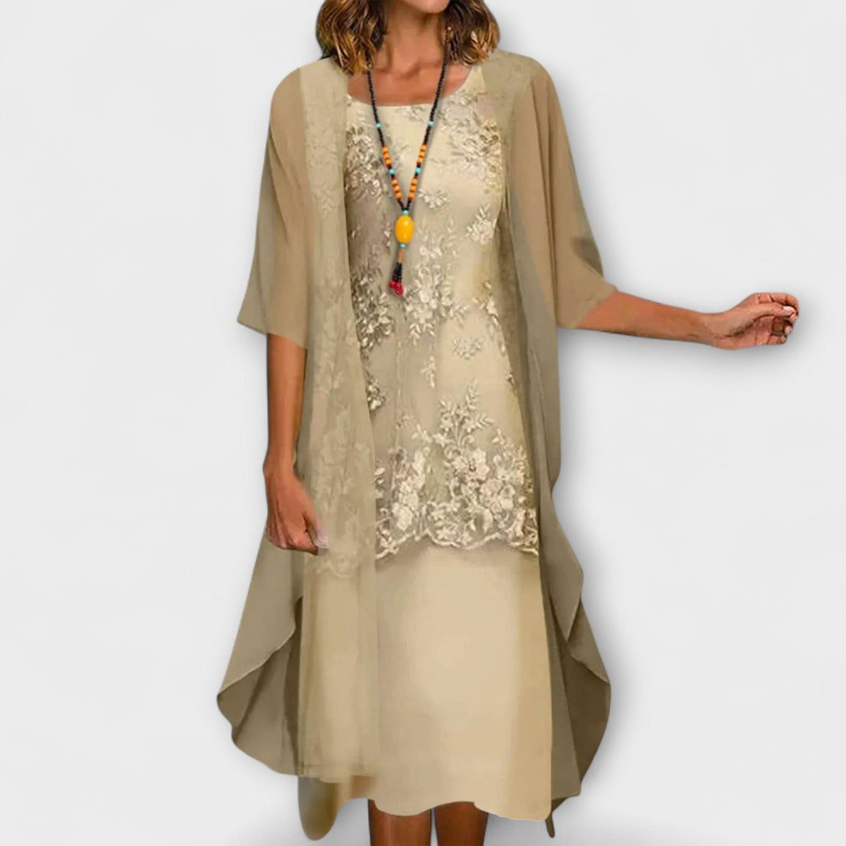 Floral Lace Overlay Dress and Chiffon Duster Two Piece Set