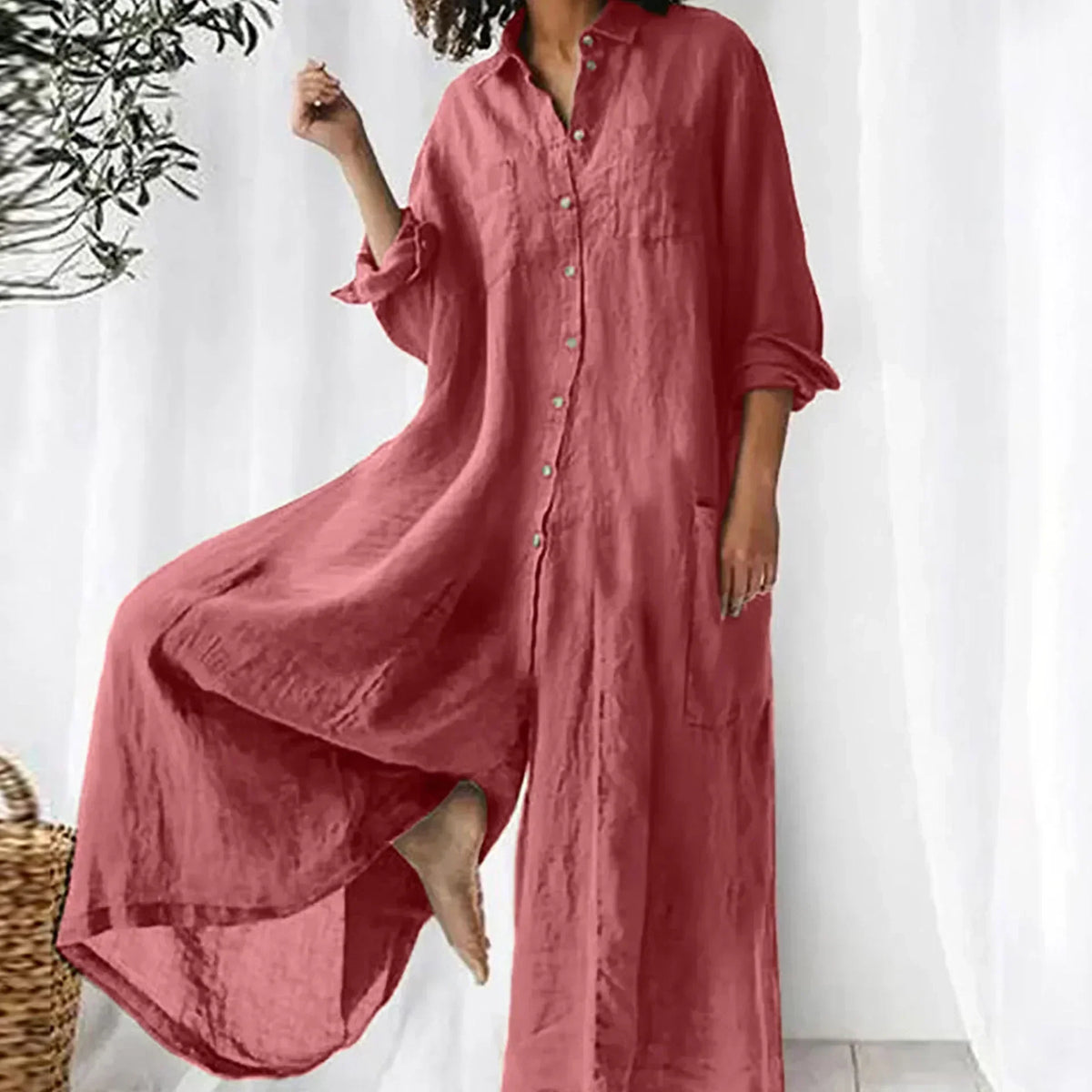 Button Front Collared Long Sleeve High Low Maxi Shirt Dress