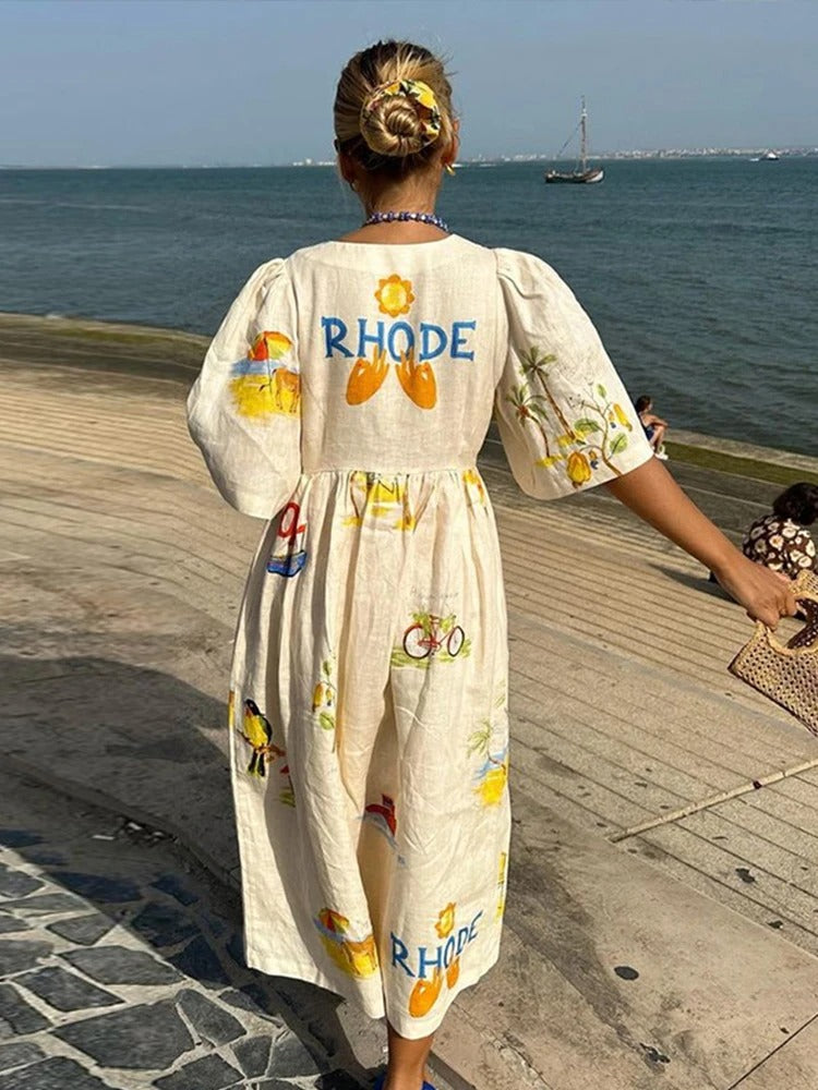 Graphic Print Puff Sleeve Button Front Gathered Waist Midi Dress