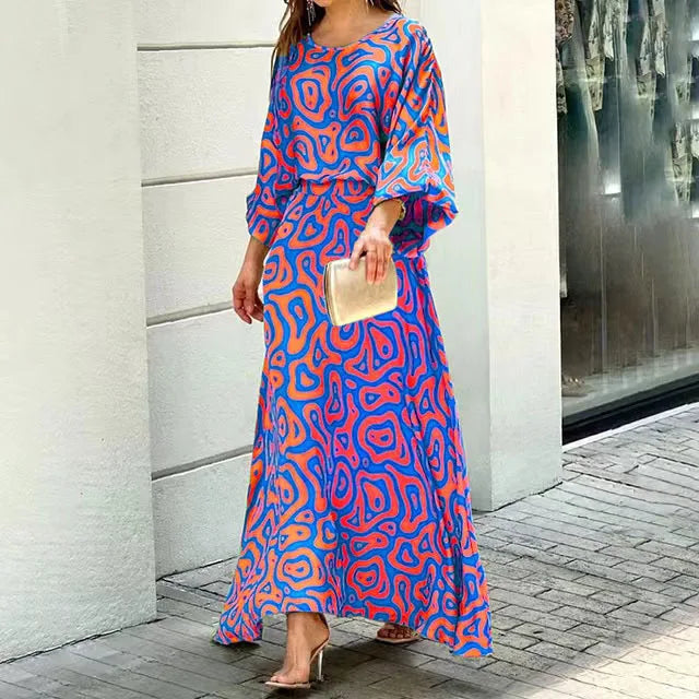 Round Neck Balloon Sleeve Elastic Waist Flowy Maxi Dress
