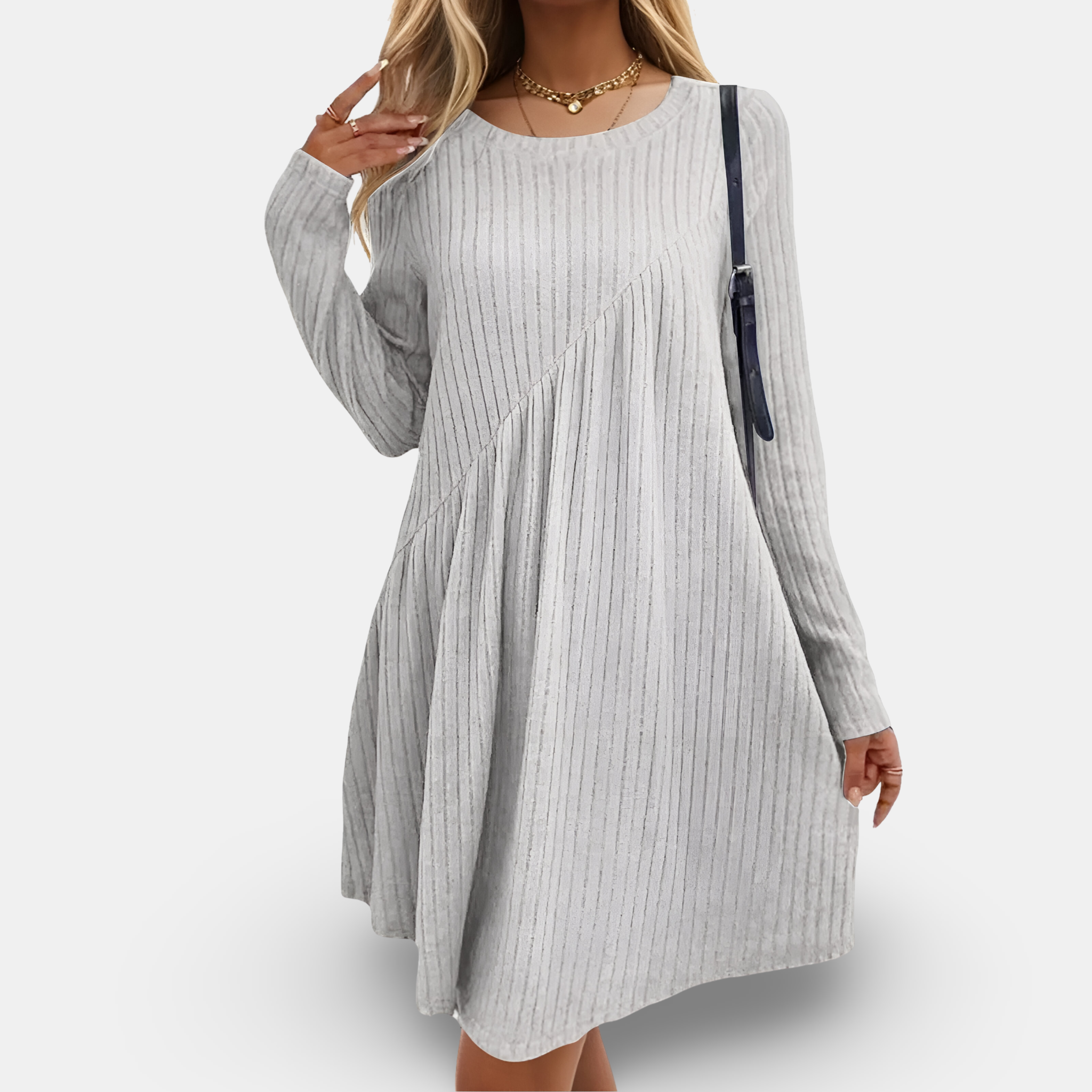 Ribbed Knit Long Sleeve Crew Neck Asymmetric Seam Flare Mini Dress