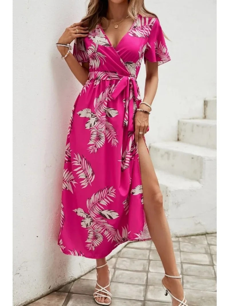 Lucille - Printed V-Neck Split Beach Vacation Dress Pink
