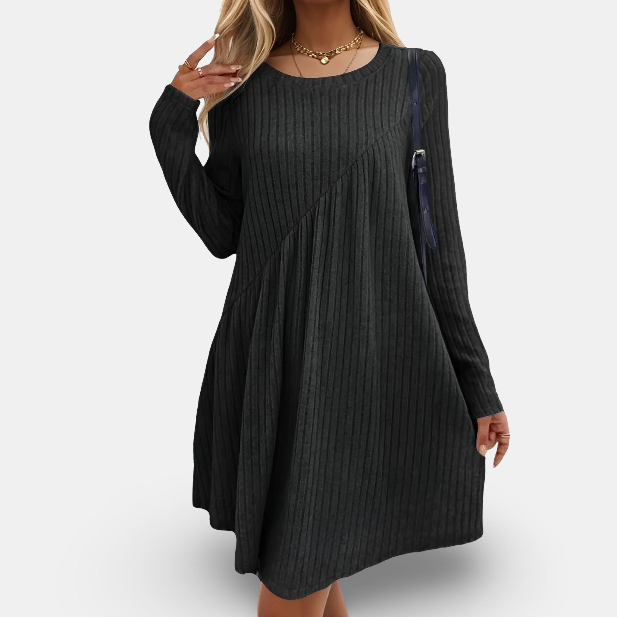 Ribbed Knit Long Sleeve Crew Neck Asymmetric Seam Flare Mini Dress