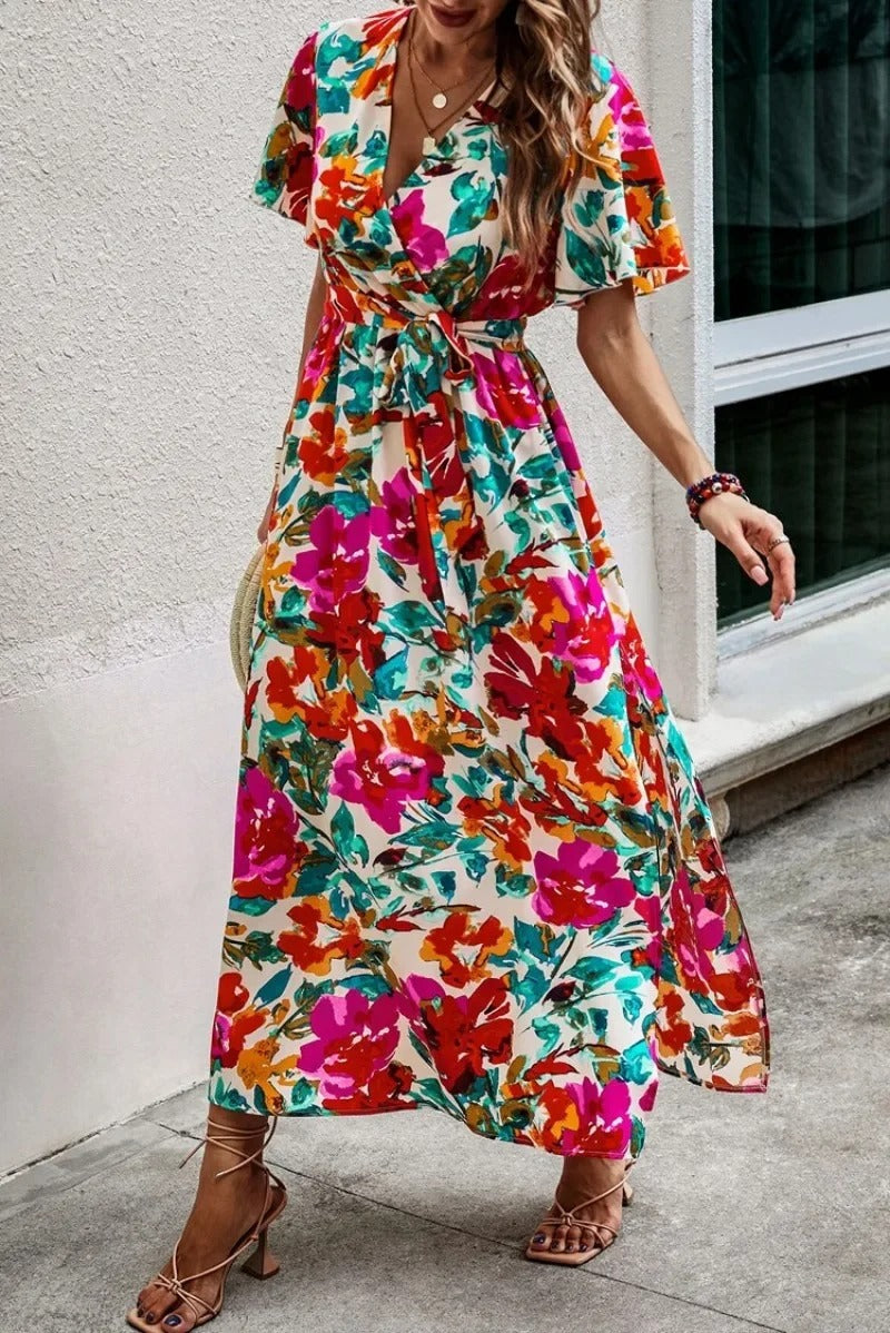 Lucille - Printed V-Neck Split Beach Vacation Dress Floral