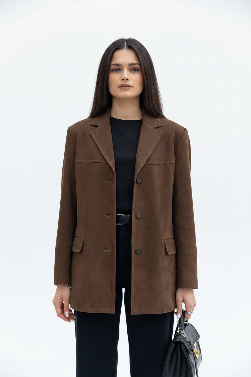 Elegant Brown Tailored Blazer with Padded Shoulders and Slim Fit