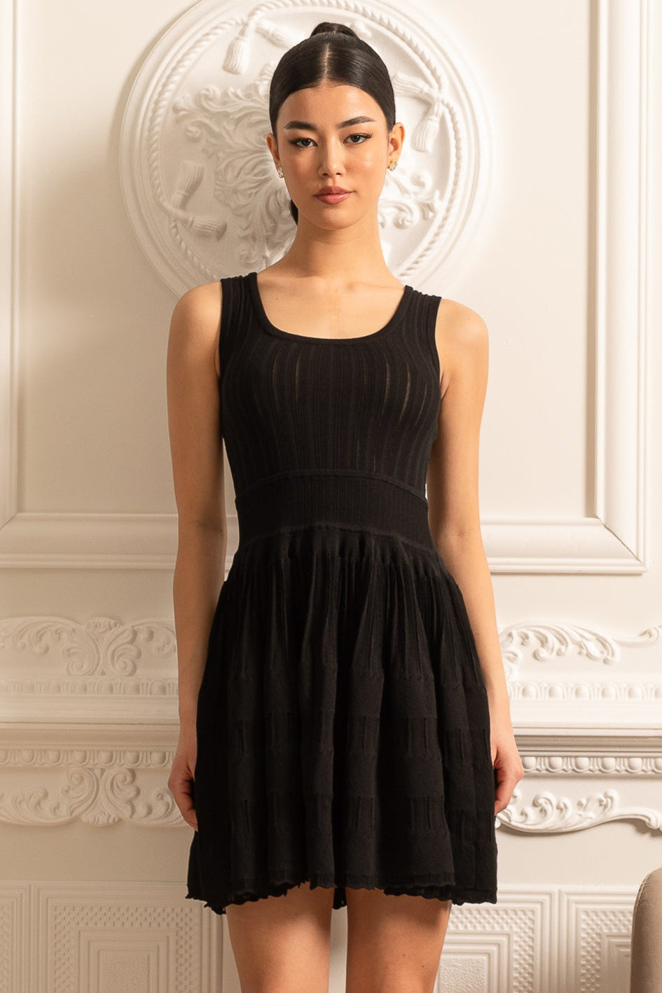 Rib Knit Scoop Neck Fit and Flare Belted Waist Mini Dress - View 3