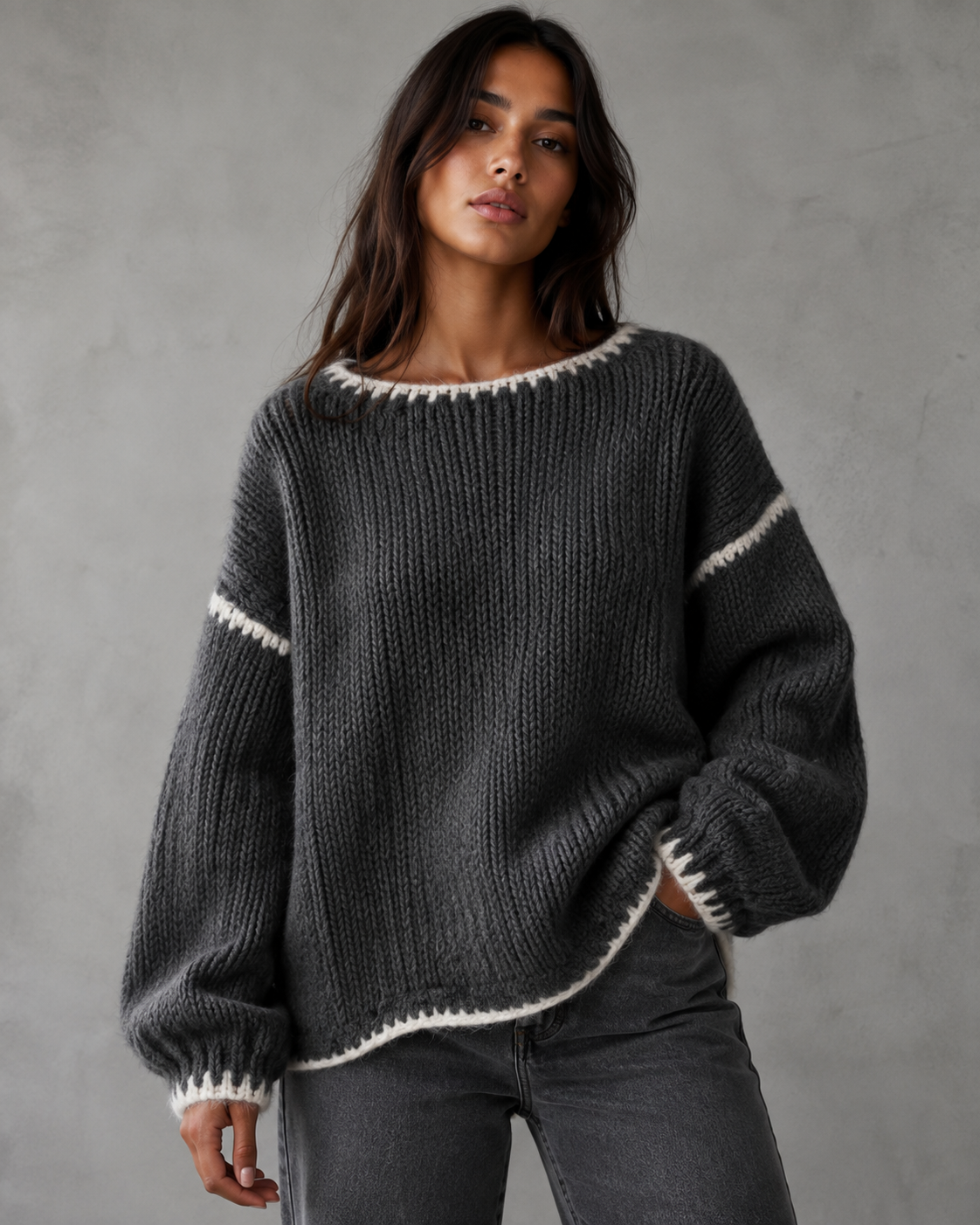 Boat Neck Contrast Stitch Chunky Knit Sweater