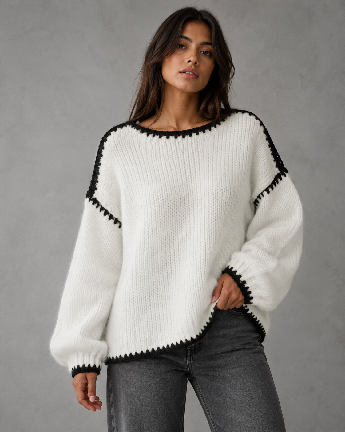 Boat Neck Contrast Stitch Chunky Knit Sweater