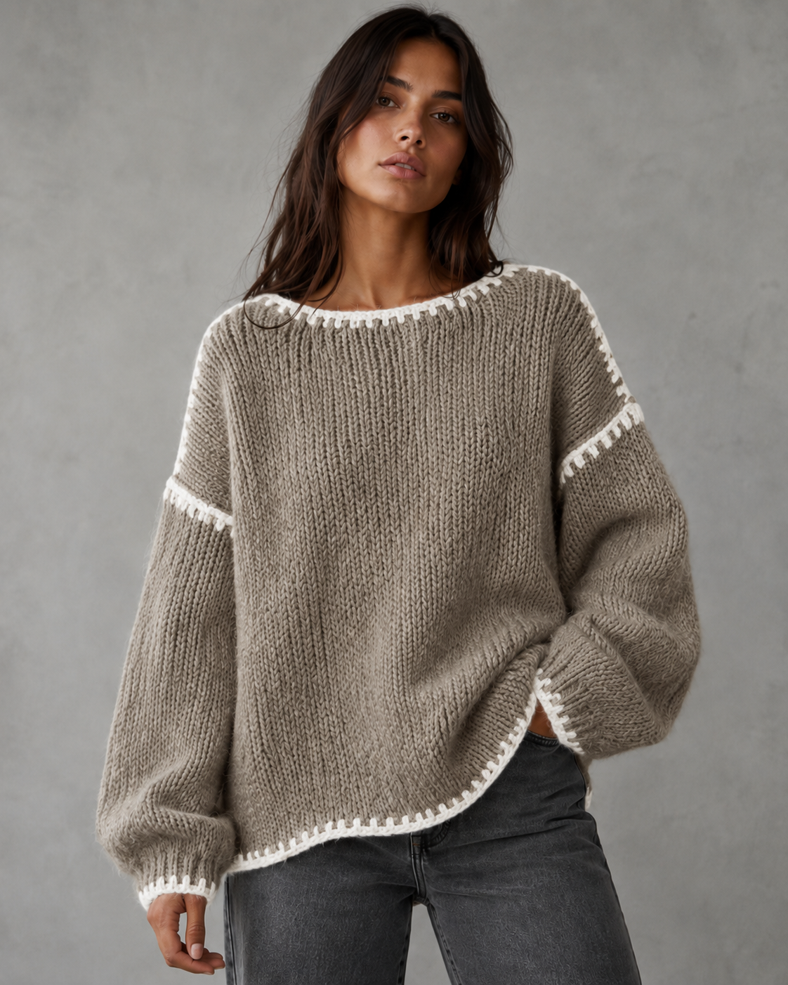 Boat Neck Contrast Stitch Chunky Knit Sweater