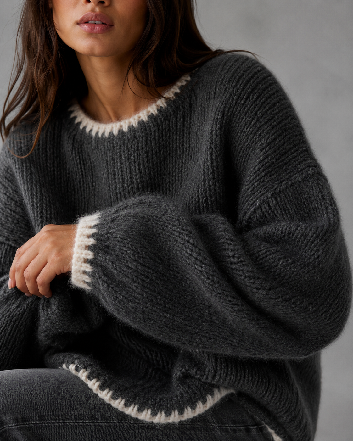 Boat Neck Contrast Stitch Chunky Knit Sweater