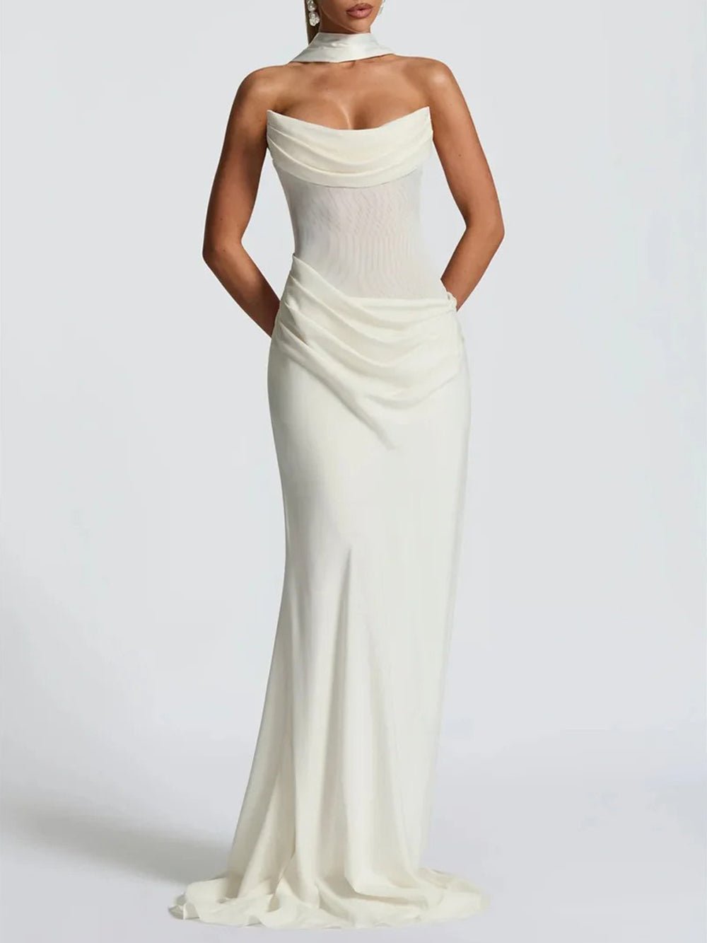 Strapless Cowl Neck Draped Mesh Maxi Gown with Neck Scarf
