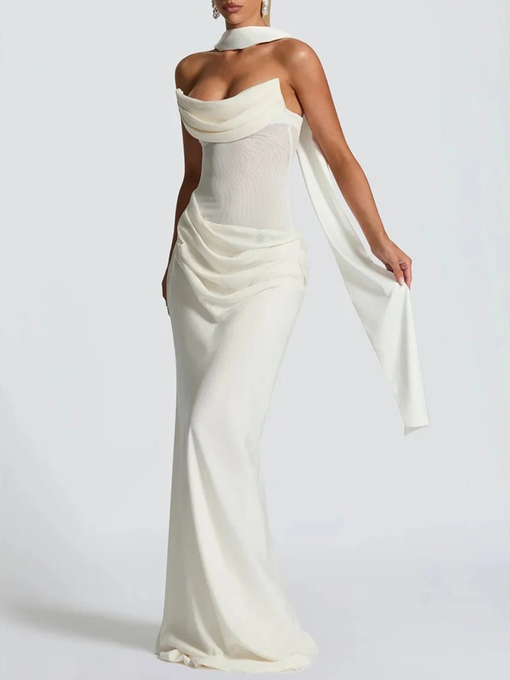 Strapless Cowl Neck Draped Mesh Maxi Gown with Neck Scarf 3