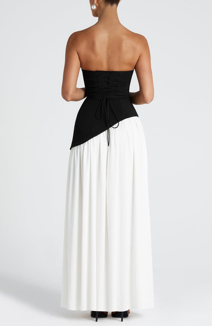 Strapless Asymmetric Drop Waist High Split Maxi Dress with Scarf 13