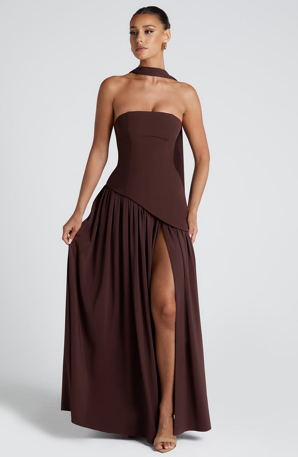Strapless High Split Pleated Maxi Dress 11