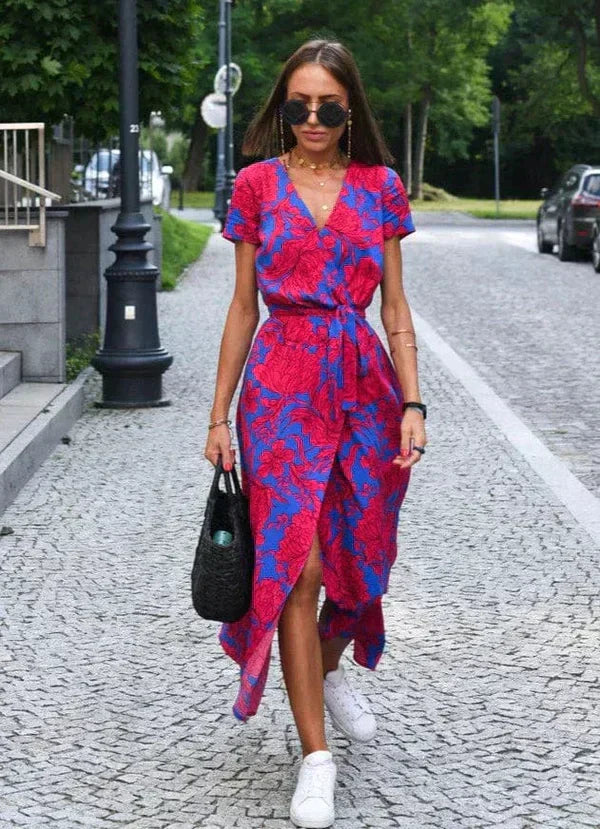 Floral Print V-Neck Short Sleeve Button Front Tie Waist High Split Midi Summer Dress