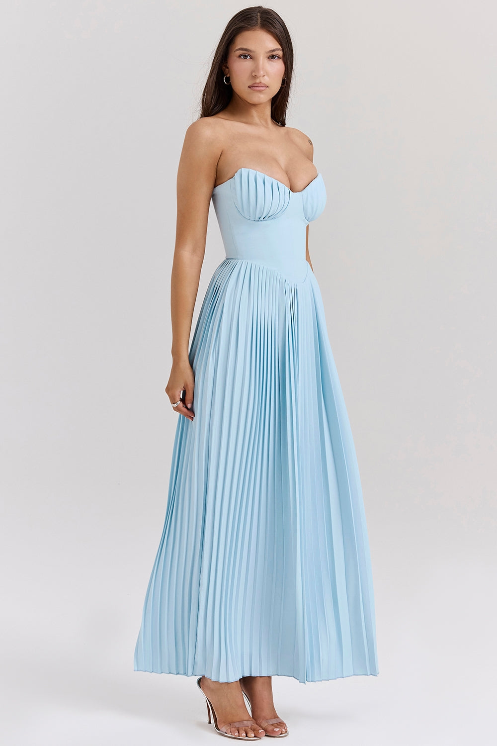Strapless Sweetheart Bustier Pleated A-Line Maxi Dress 4