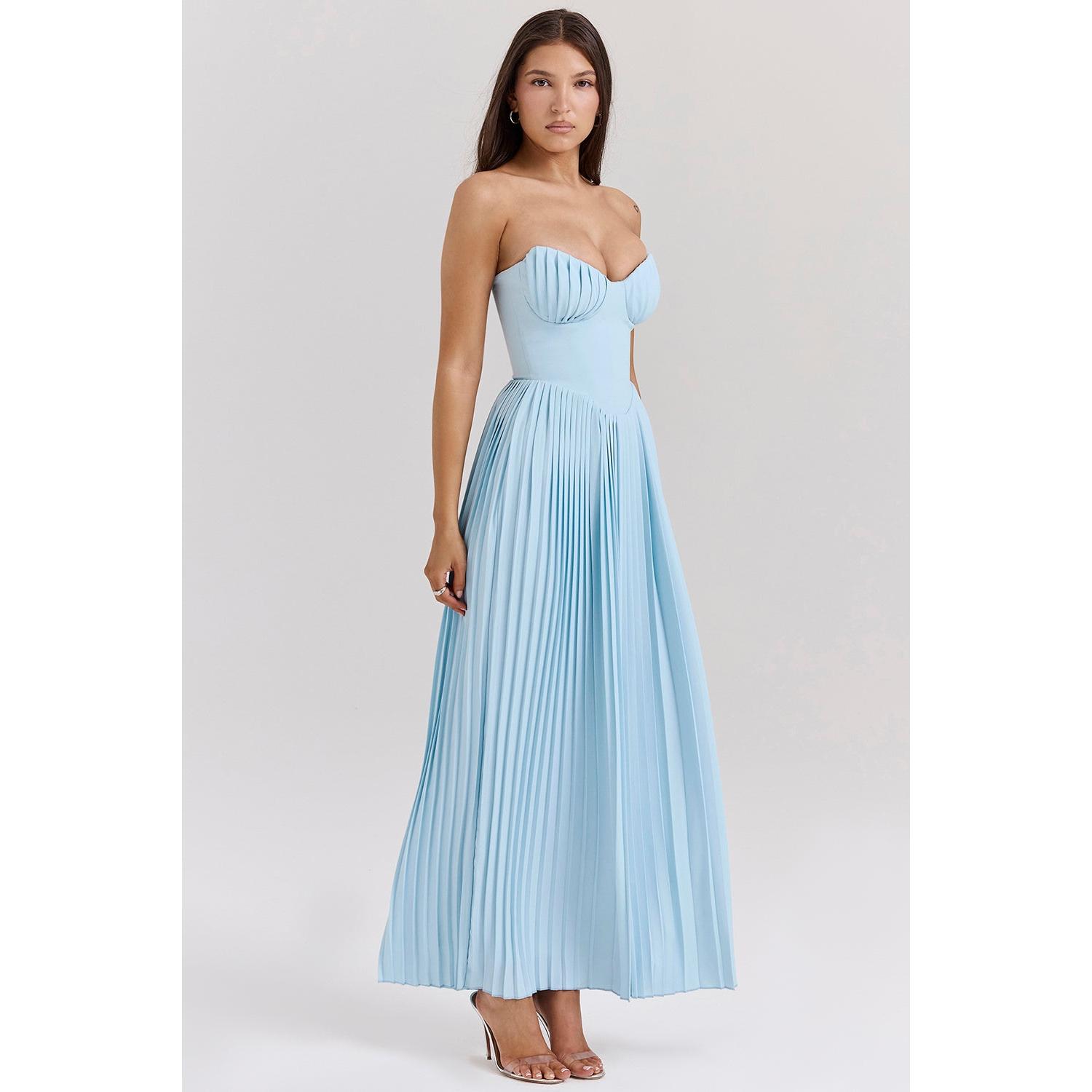 Chiffon Strapless Corset Pleated Maxi Gown