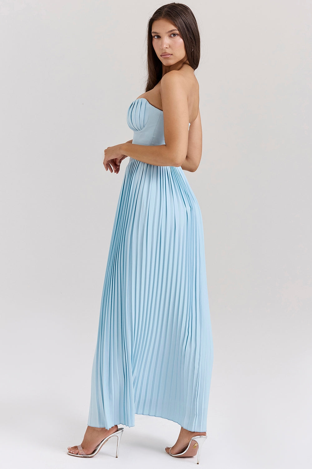 Strapless Sweetheart Bustier Pleated A-Line Maxi Dress 5