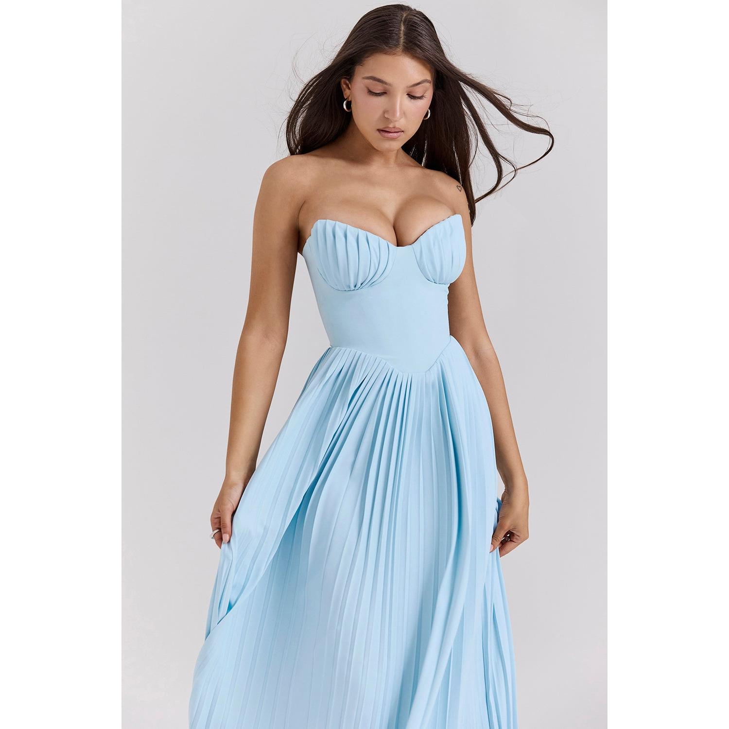 Chiffon Strapless Corset Pleated Maxi Gown