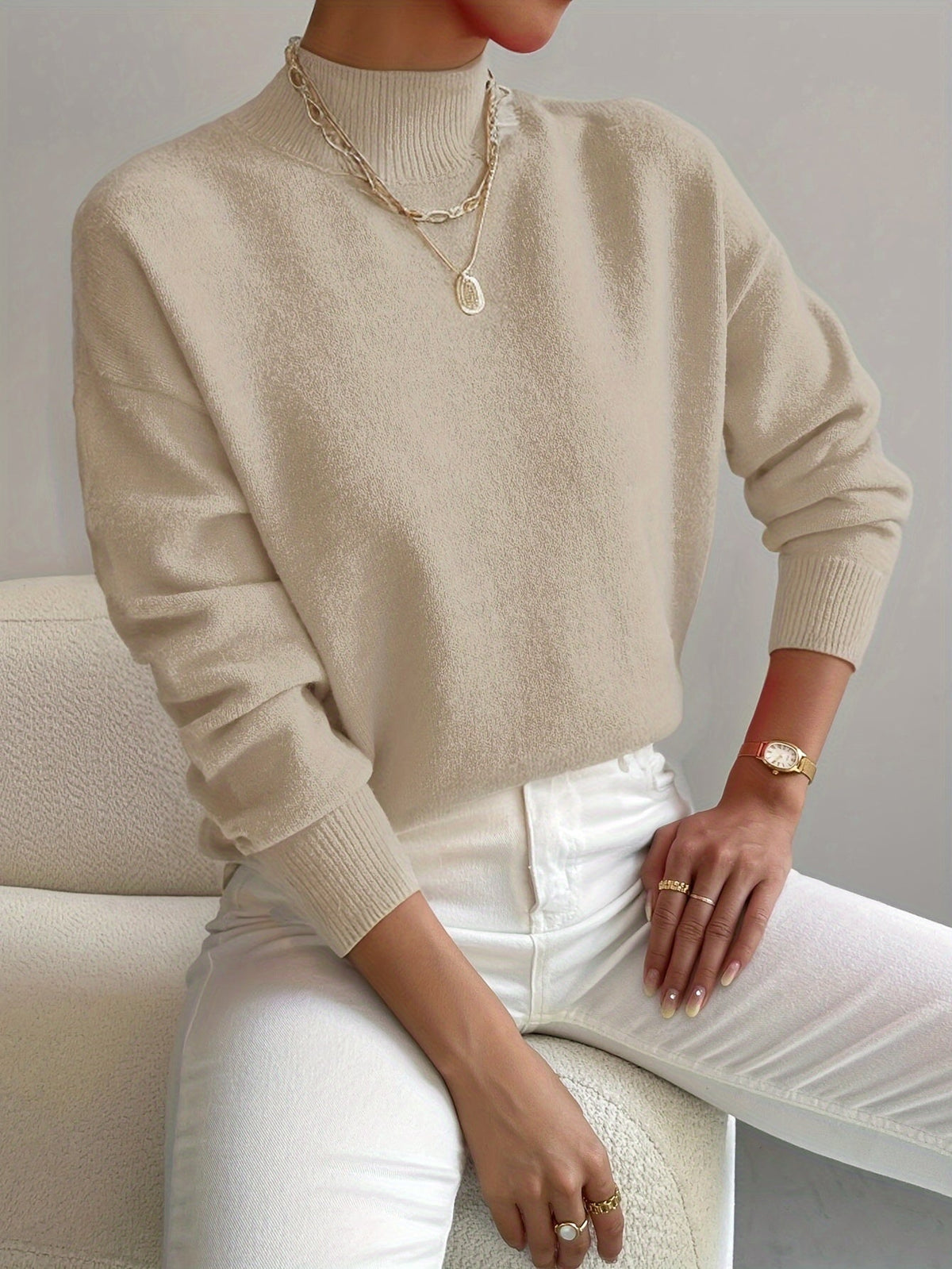 Mock Neck Long Sleeve Drop Shoulder Sweater