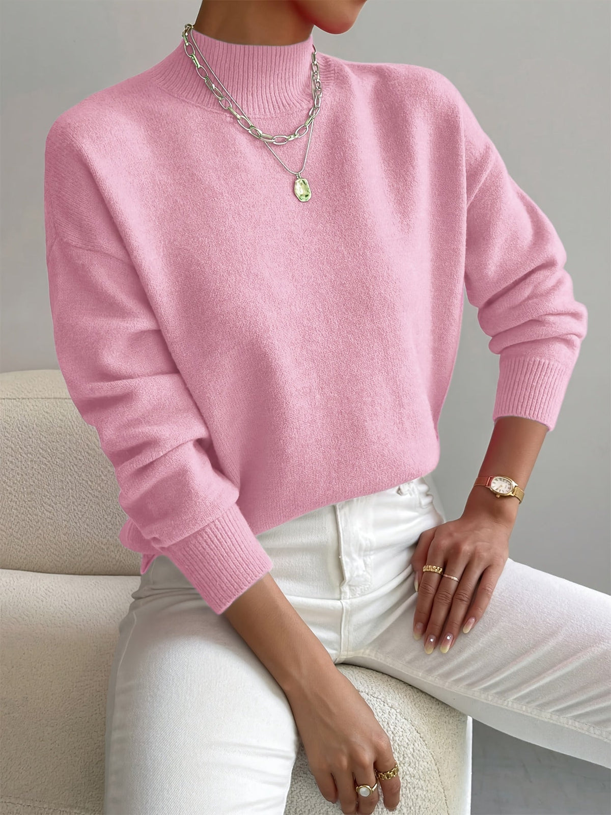Mock Neck Long Sleeve Drop Shoulder Knit Sweater 3