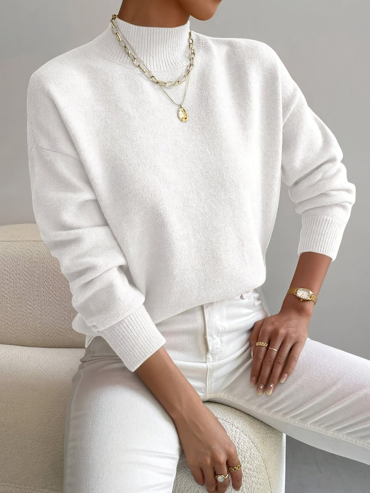 Mock Neck Long Sleeve Drop Shoulder Sweater