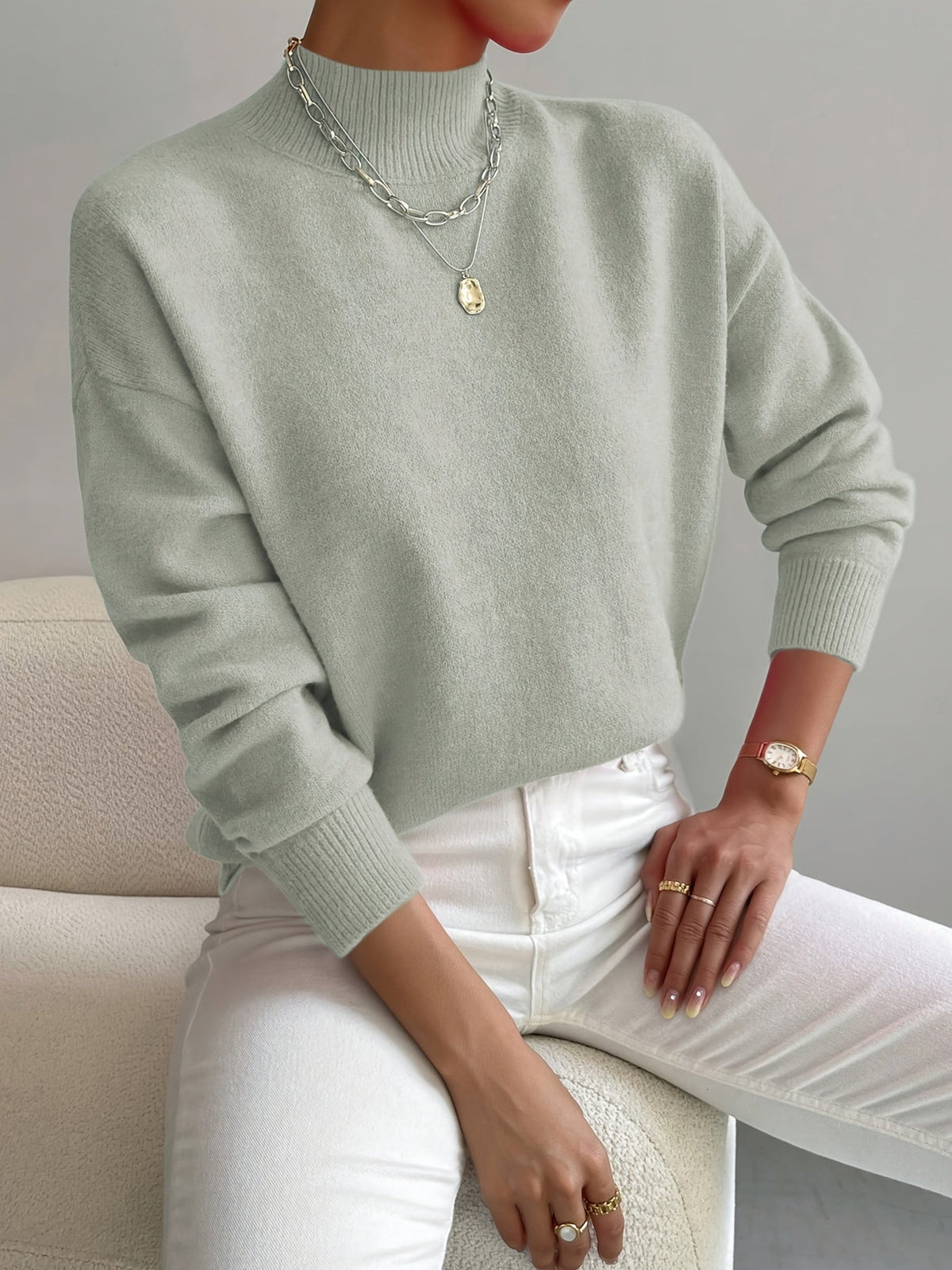 Mock Neck Long Sleeve Drop Shoulder Sweater