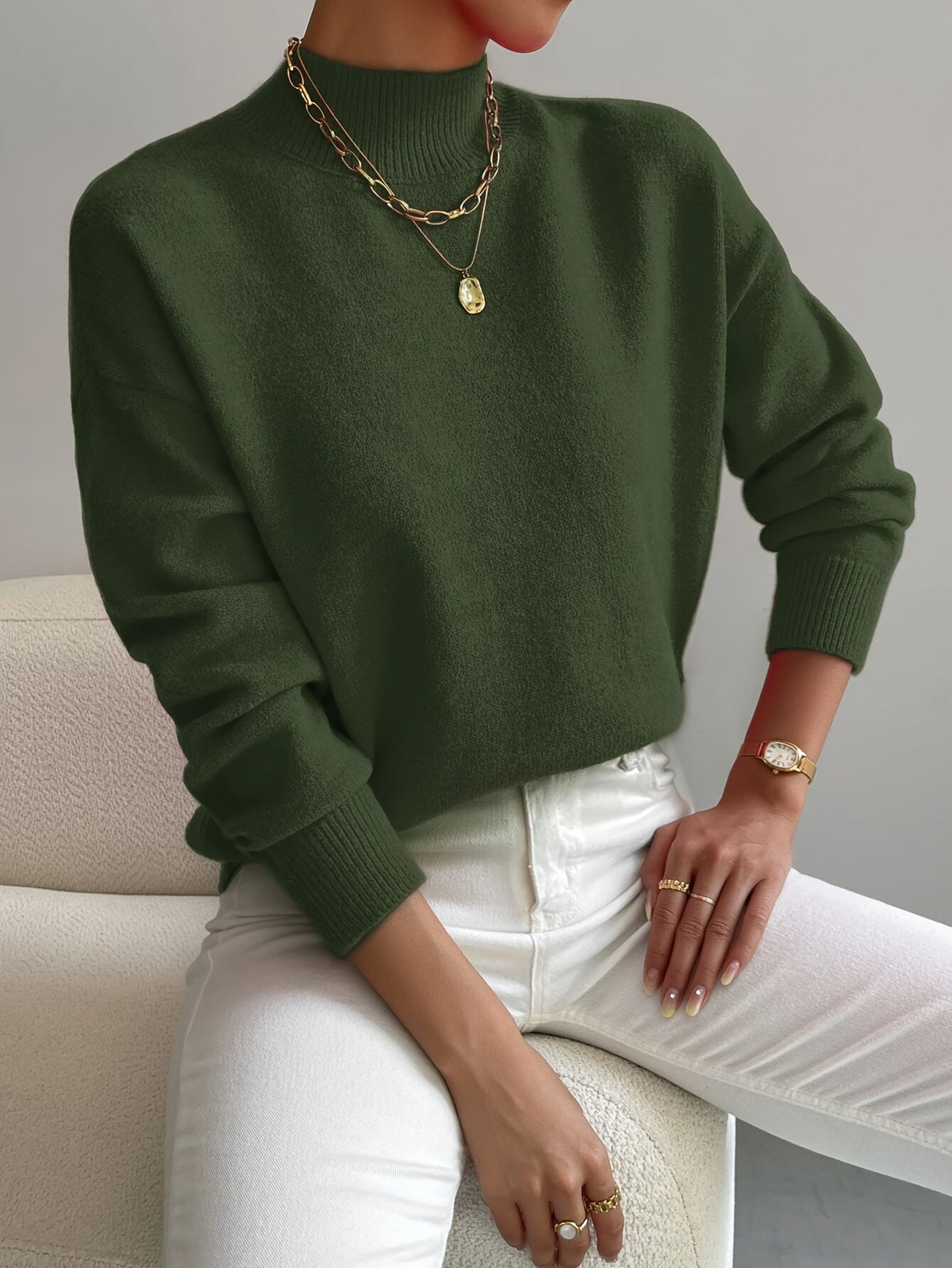 Mock Neck Long Sleeve Drop Shoulder Sweater