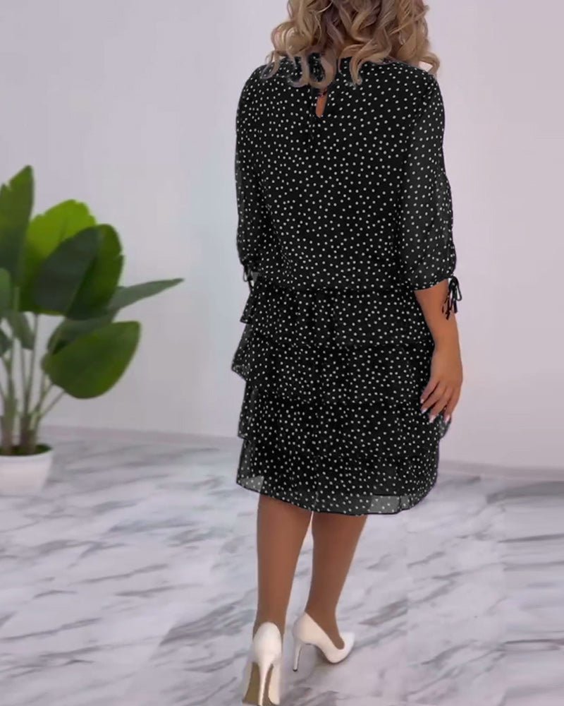 Polka Dot Chiffon Three Quarter Sleeve Tie Cuff Tiered Midi Dress