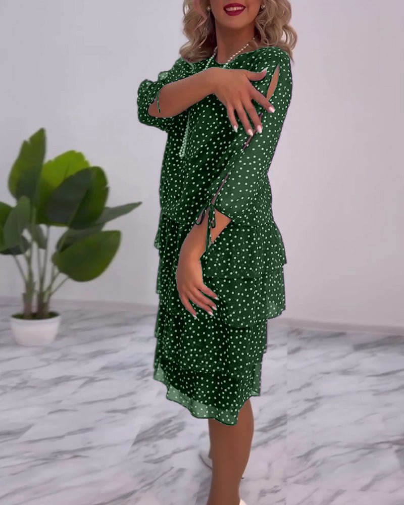 Polka Dot Chiffon Three Quarter Sleeve Tie Cuff Tiered Midi Dress