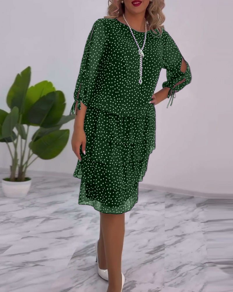 Polka Dot Chiffon Three Quarter Sleeve Tie Cuff Tiered Midi Dress