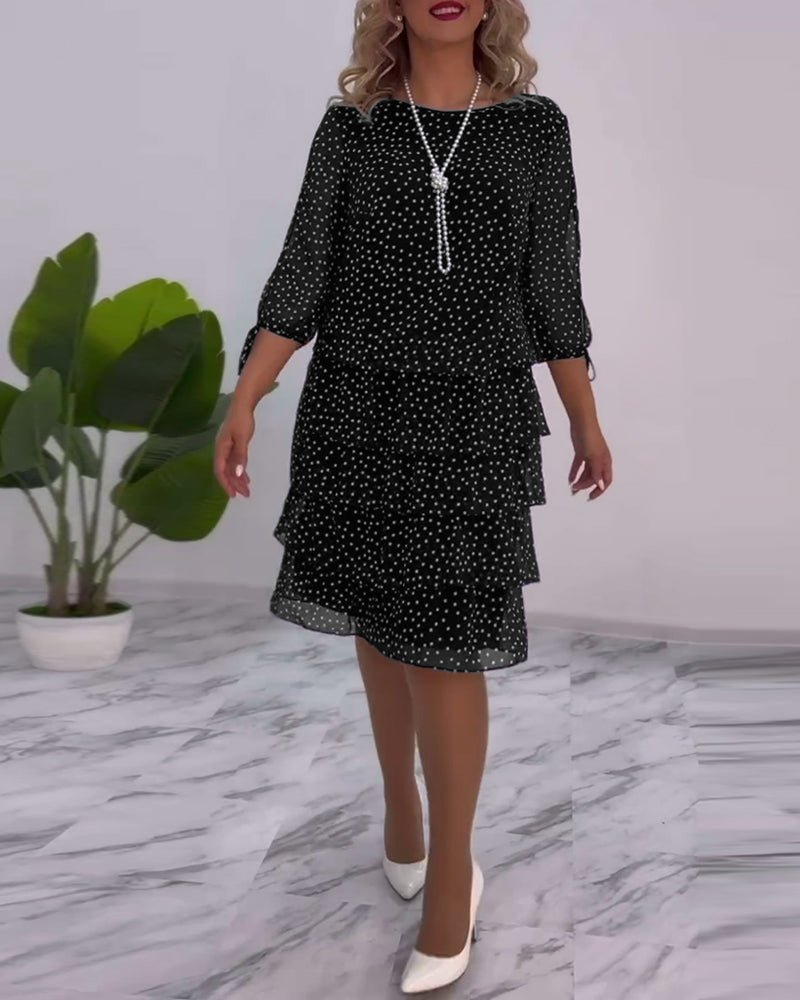 Polka Dot Chiffon Three Quarter Sleeve Tie Cuff Tiered Midi Dress