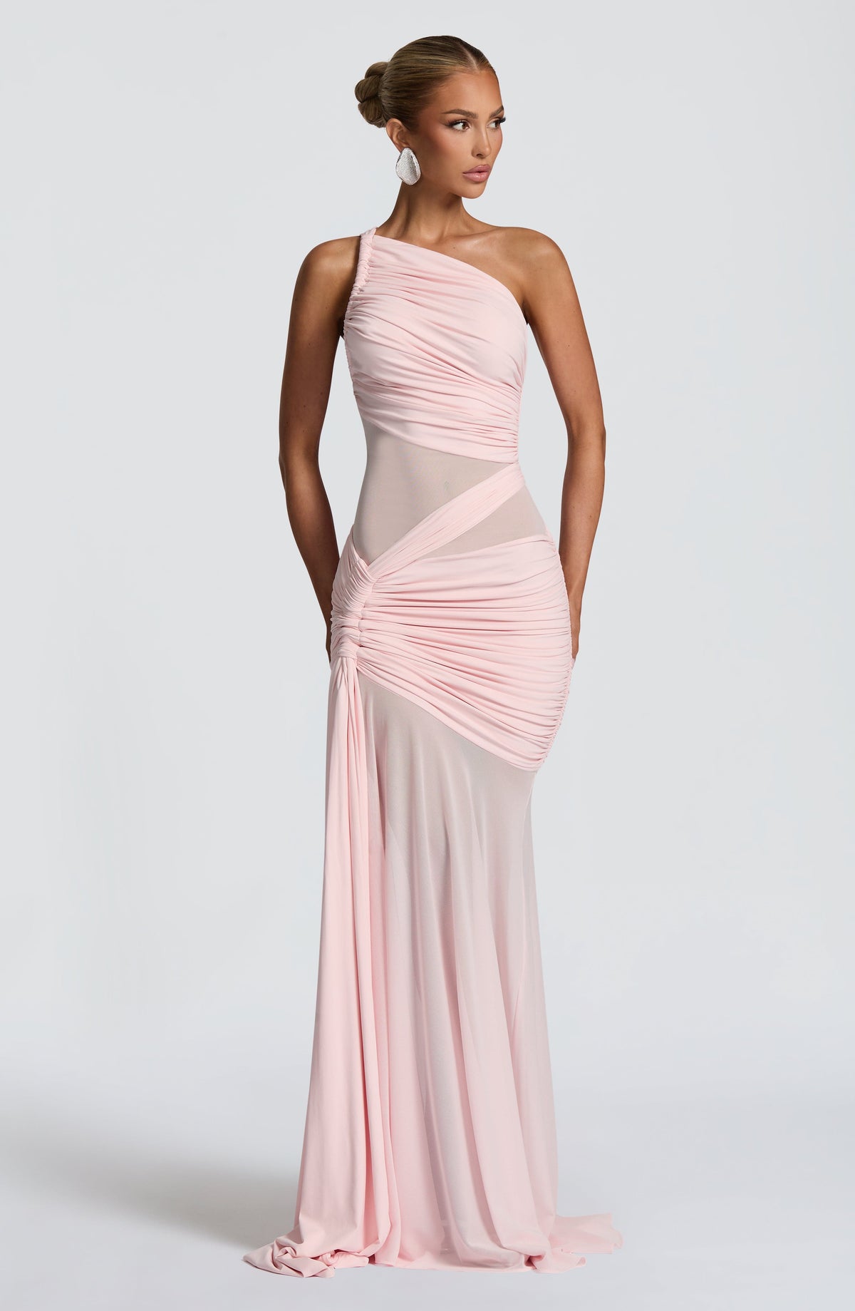Mesh One Shoulder Sheer Cut Out Panel Ruched Mermaid Gown 10