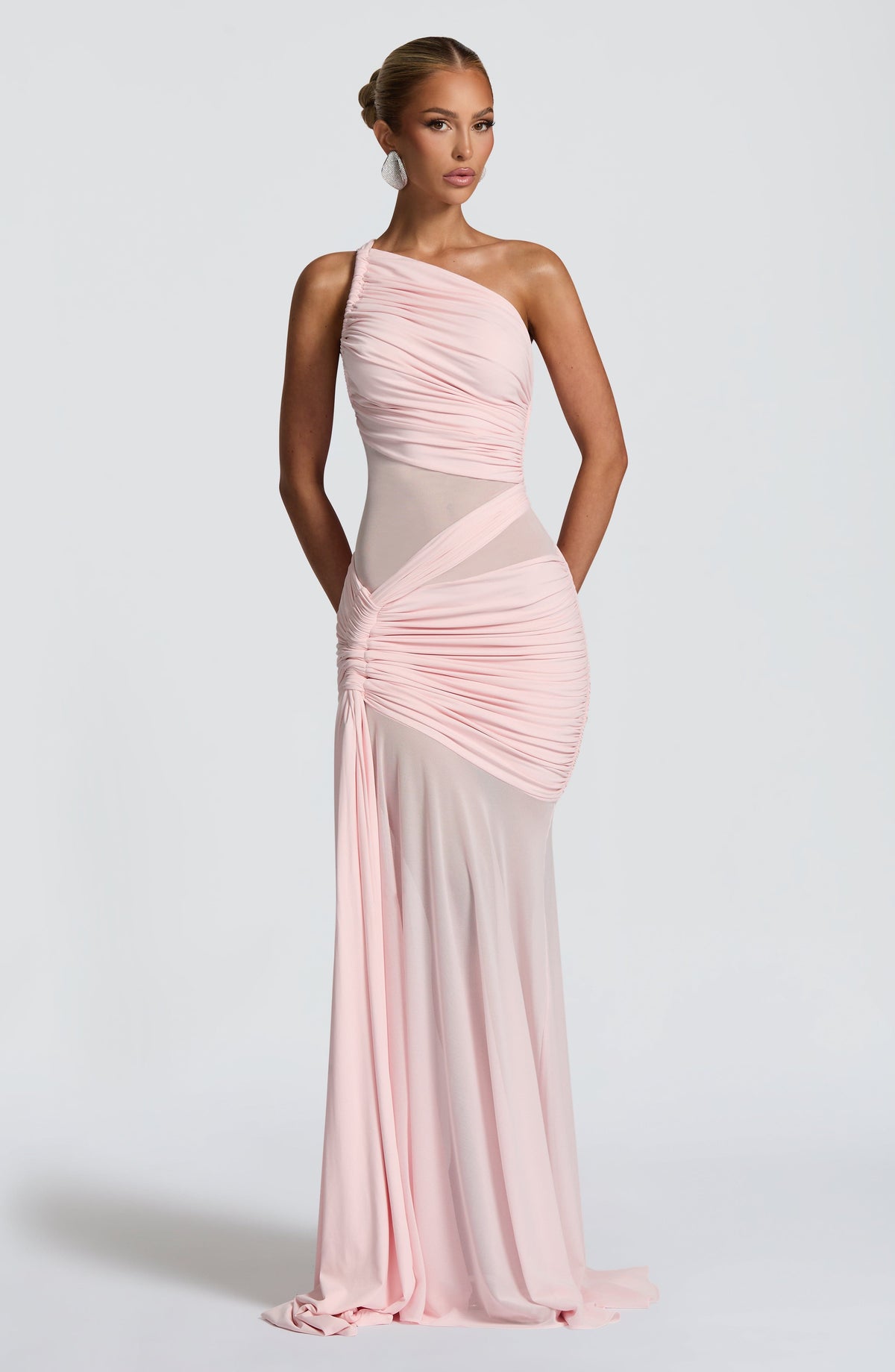 Mesh One Shoulder Sheer Cut Out Panel Ruched Mermaid Gown 11