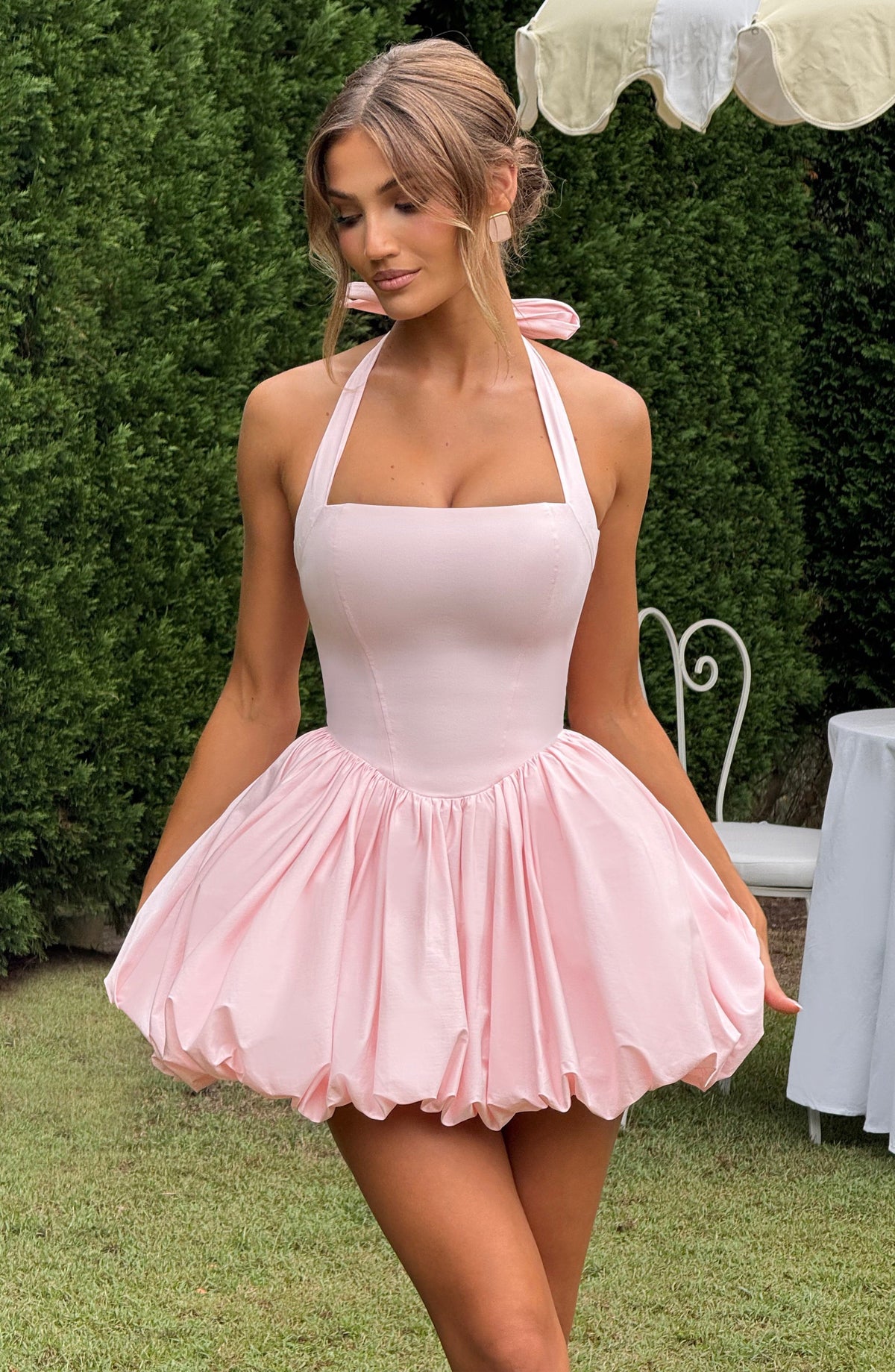 Halter Neck Tie Back Corset Bubble Hem Mini Dress