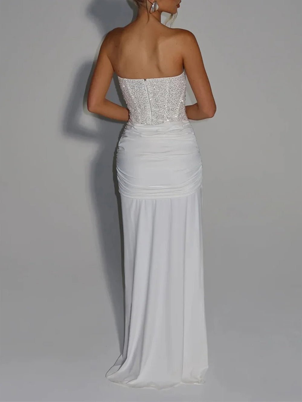 Sequin Strapless Sweetheart Corset Grecian Draped Evening Gown