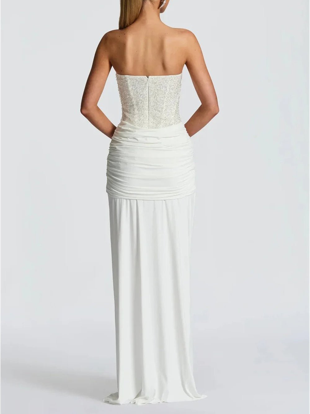 Sequin Strapless Sweetheart Corset Grecian Draped Evening Gown