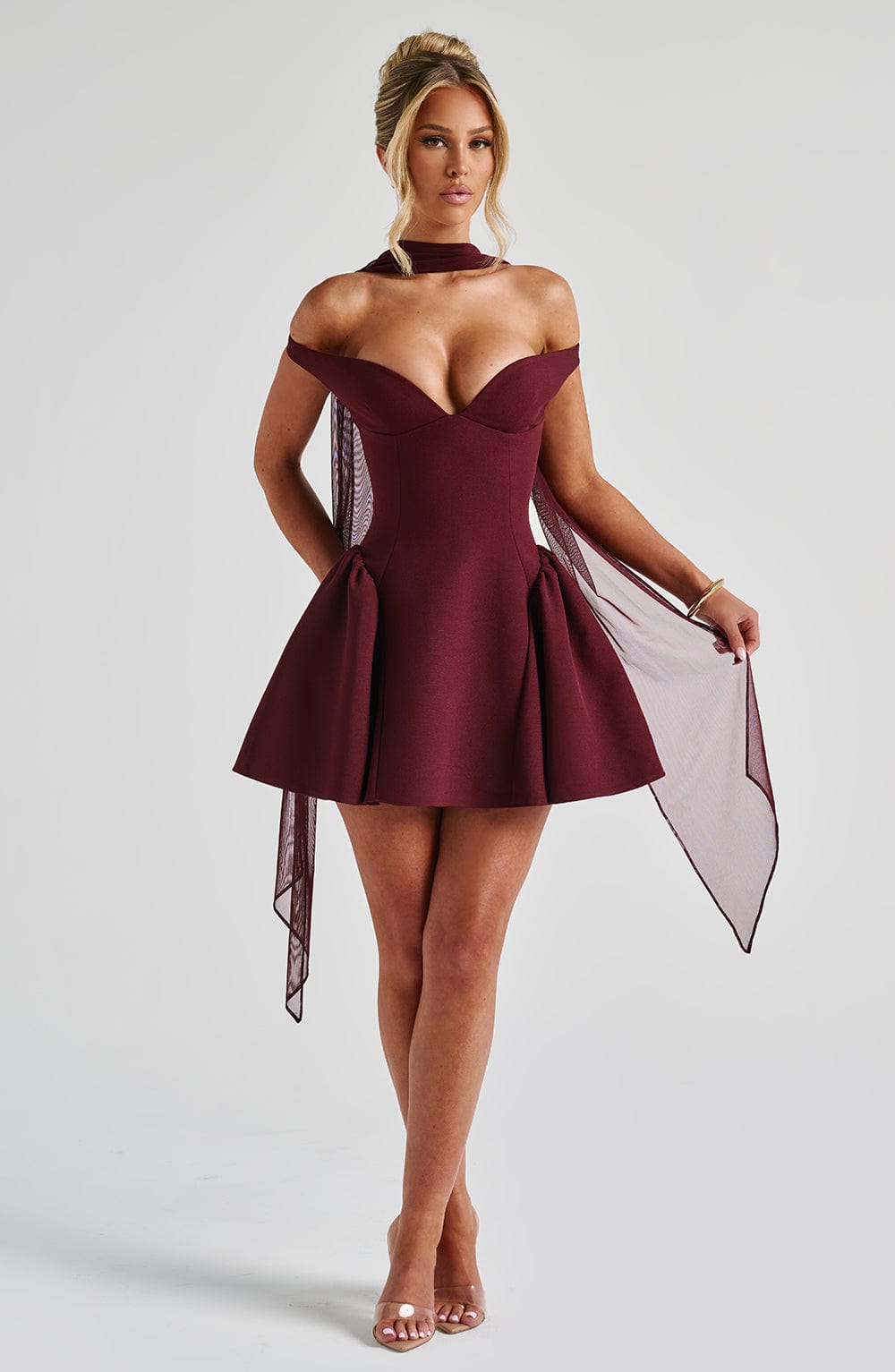 Off Shoulder Choker Neck Sweetheart Flared Skater Mini Dress 13
