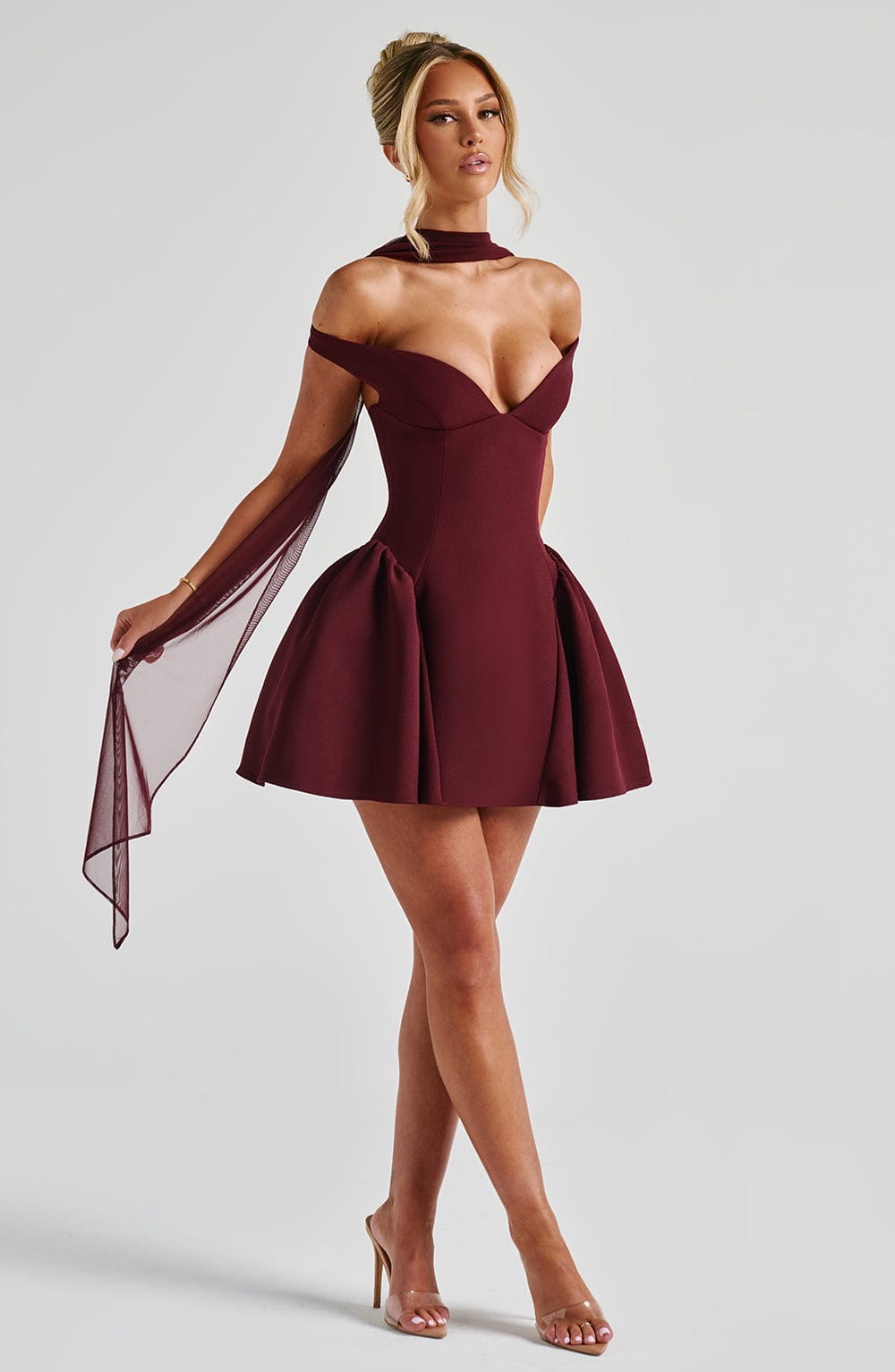 Off Shoulder Choker Neck Sweetheart Flared Skater Mini Dress 15